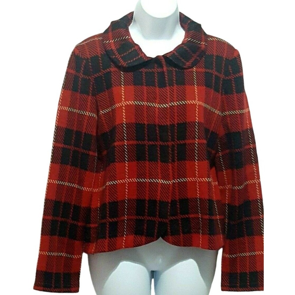 Chadwicks Cardigan Sweater Womens L Red Plaid Snap Front Collared Long Sleeve